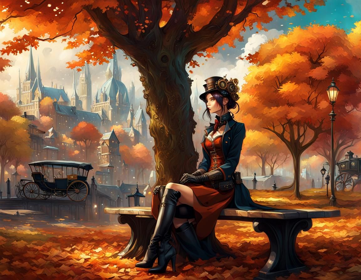 Steampunk Girl in Autumn Wonderland Digital Painting