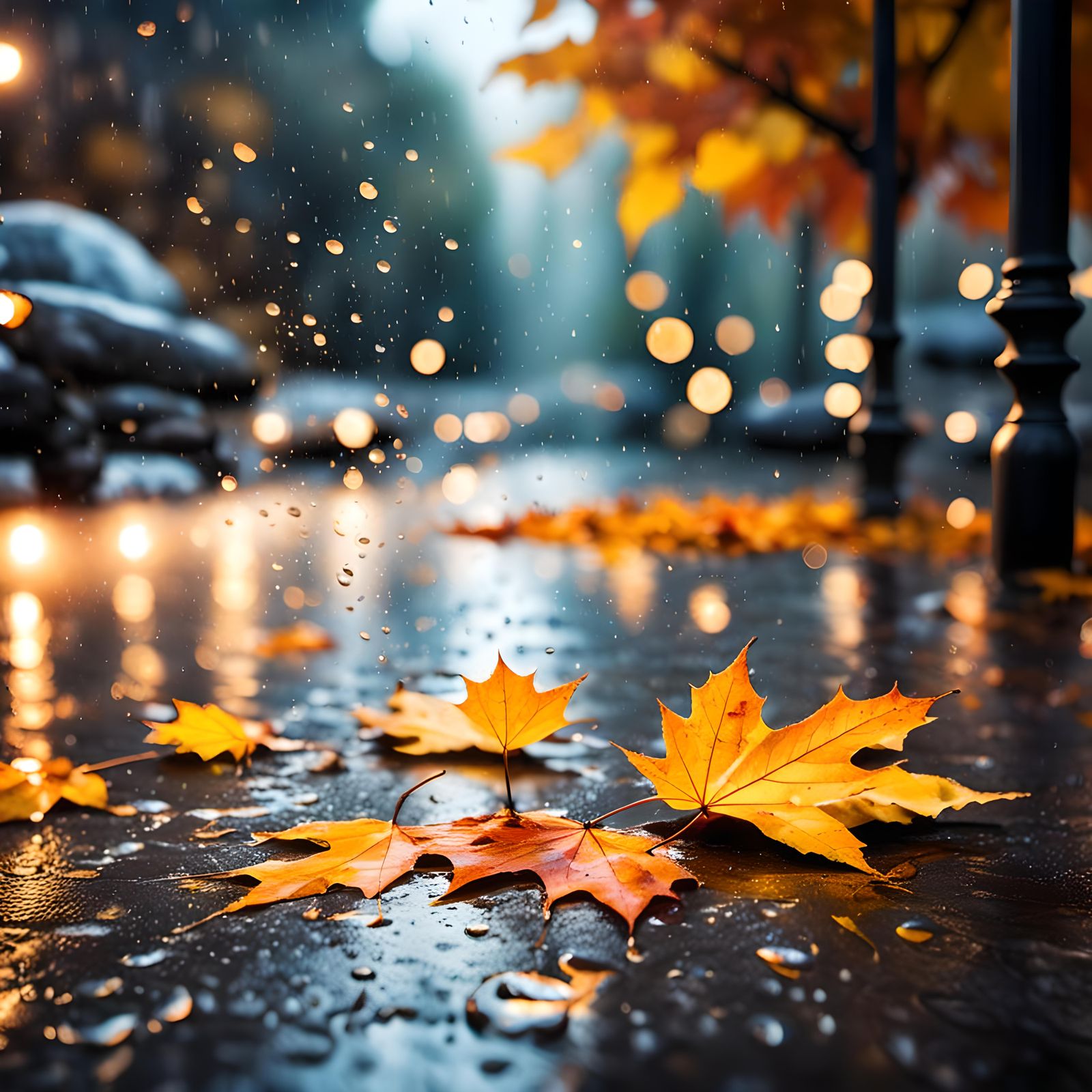 Hyperrealistic Autumn Rain Scene with Splash Art