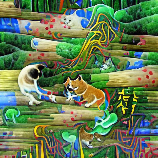 Playful Cat and Dog in Psychedelic Bamboo Forest