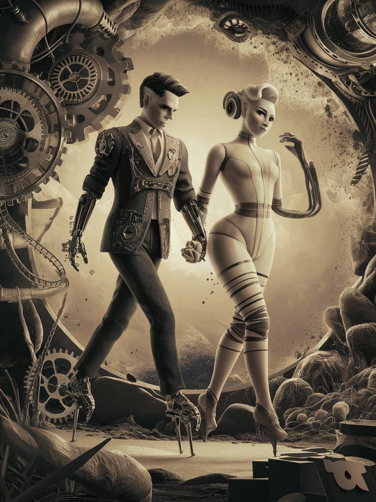 Surreal Steampunk Characters in Industrial Organic Landscape
