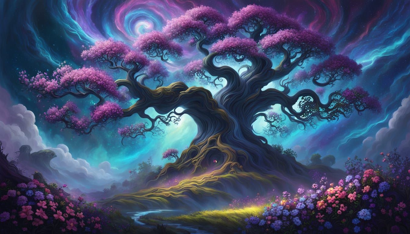 Gnarled Tree with Glowing Flowers in Cosmic Nebula