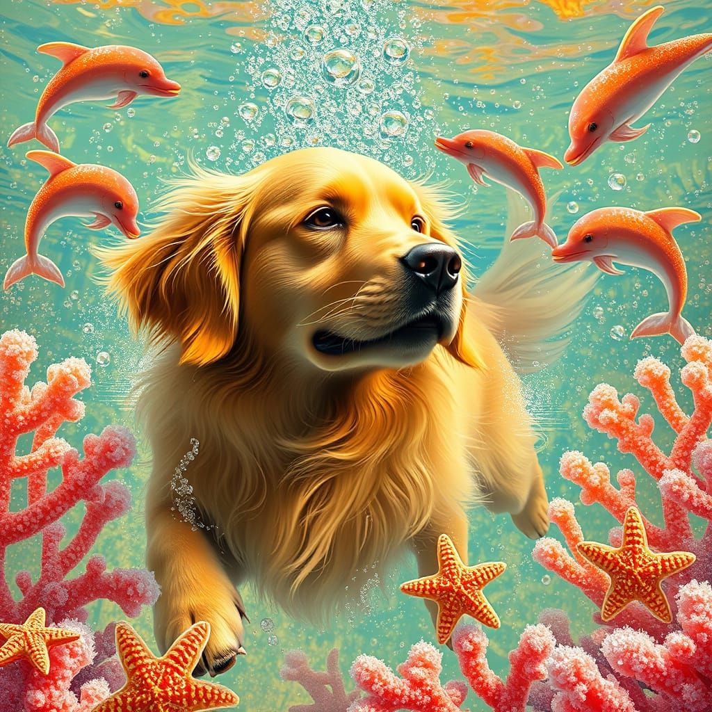 Golden Retriever in Soda Sea, Dreamlike Digital Art