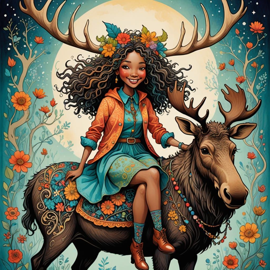 Whimsical Girl Rides Fantastical Moose in Hand-Drawn Art