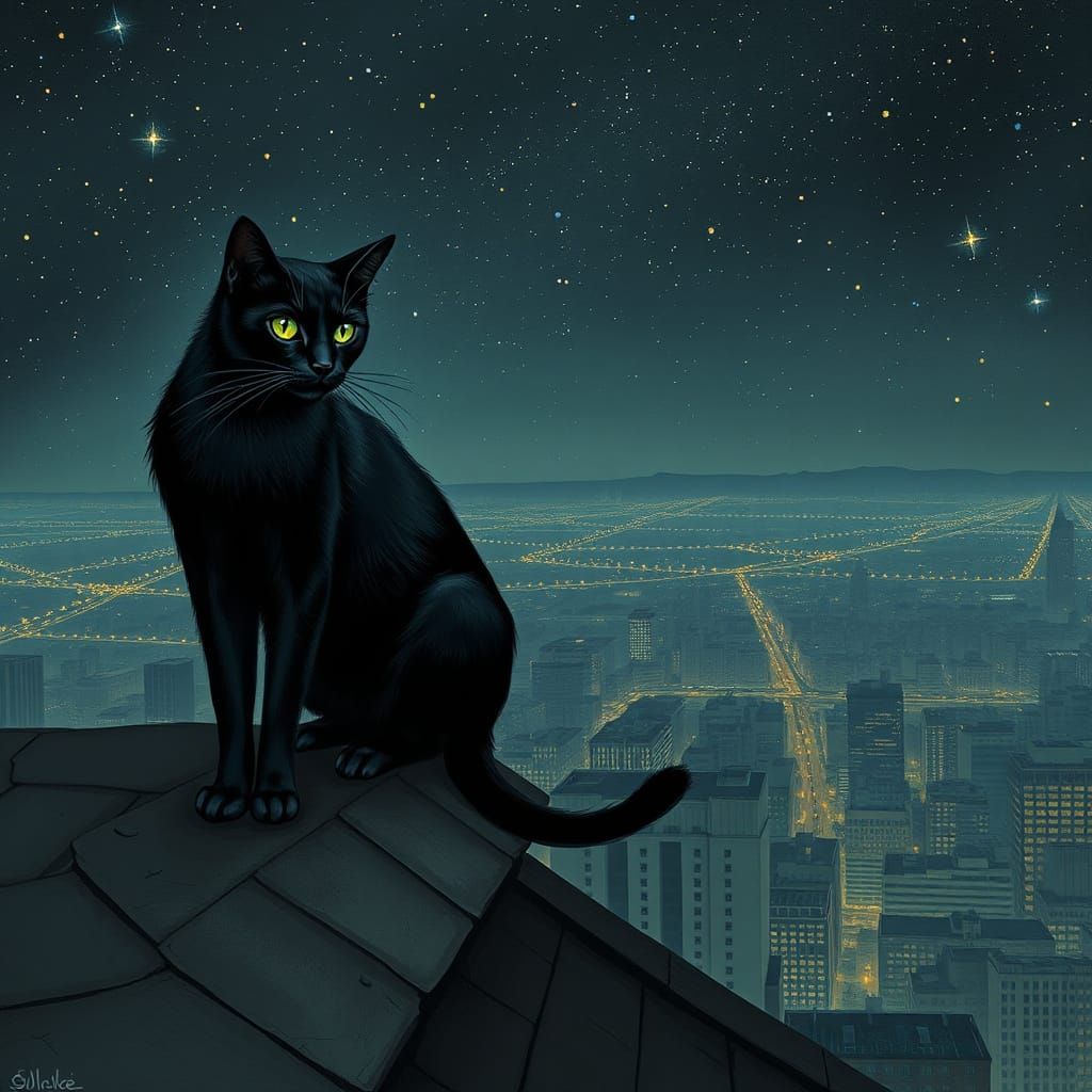Black Cat on Rooftop in Gritty Comic Style