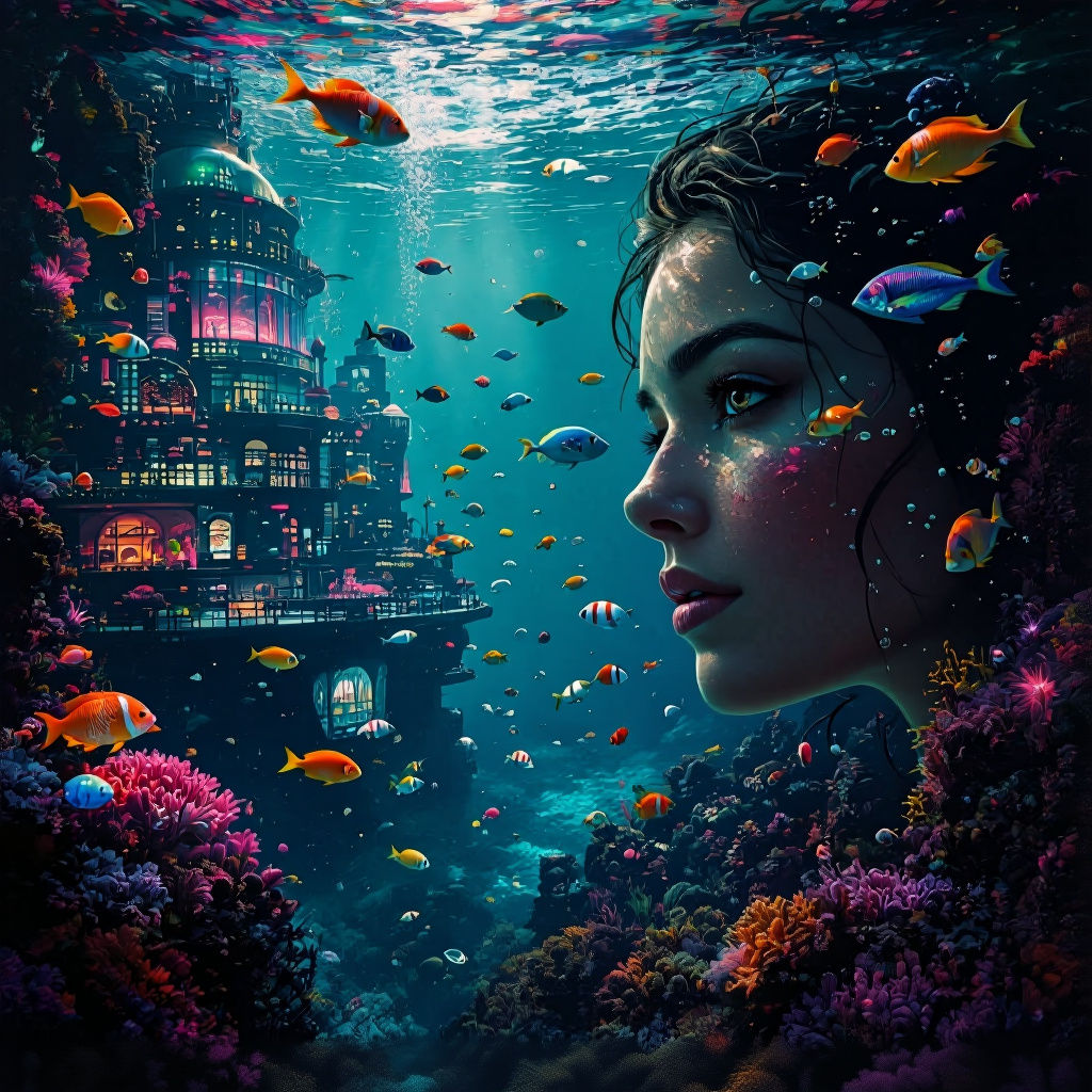 Bioluminescent Underwater City: Hyperrealistic Splash Art