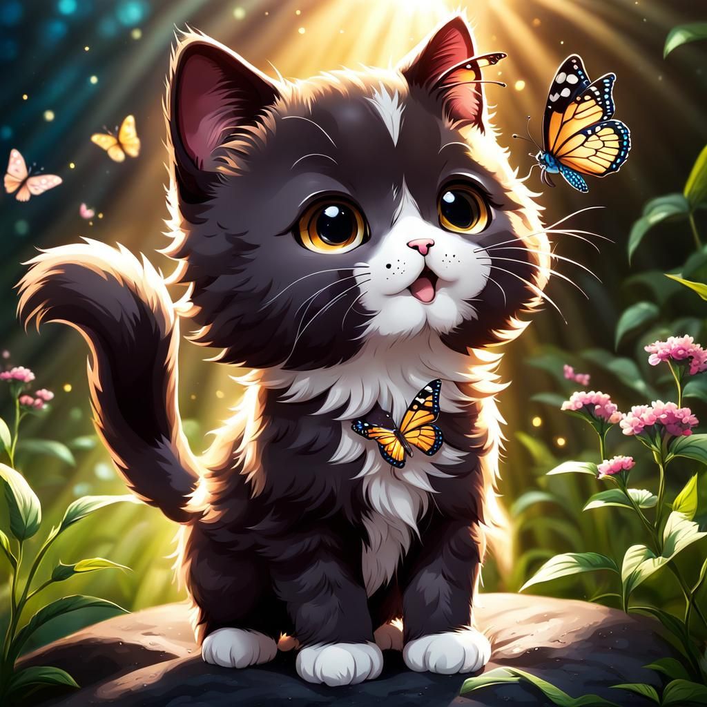 Cute Chibi Cat Playing with Butterfly