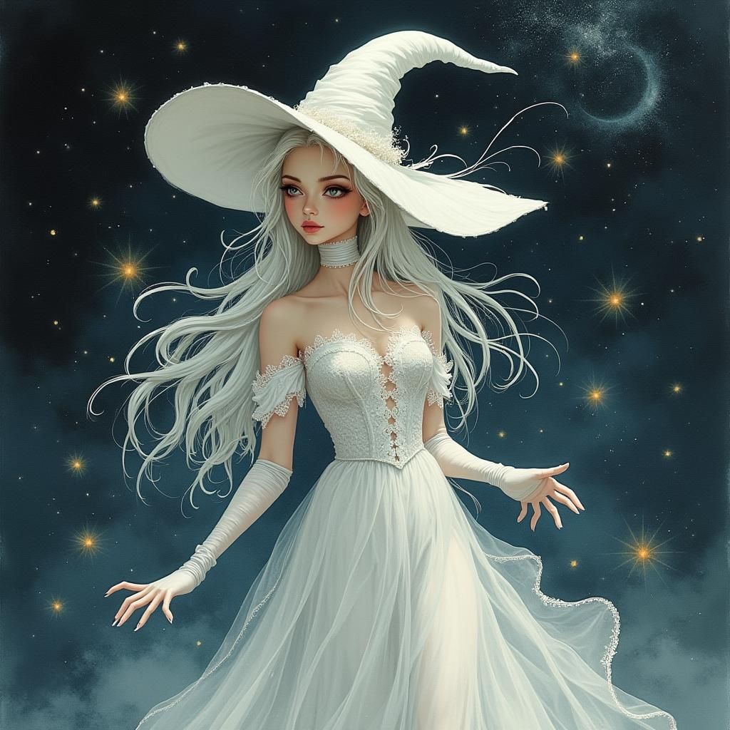 Ethereal Witch with White Lace Dress in Fantasy Style