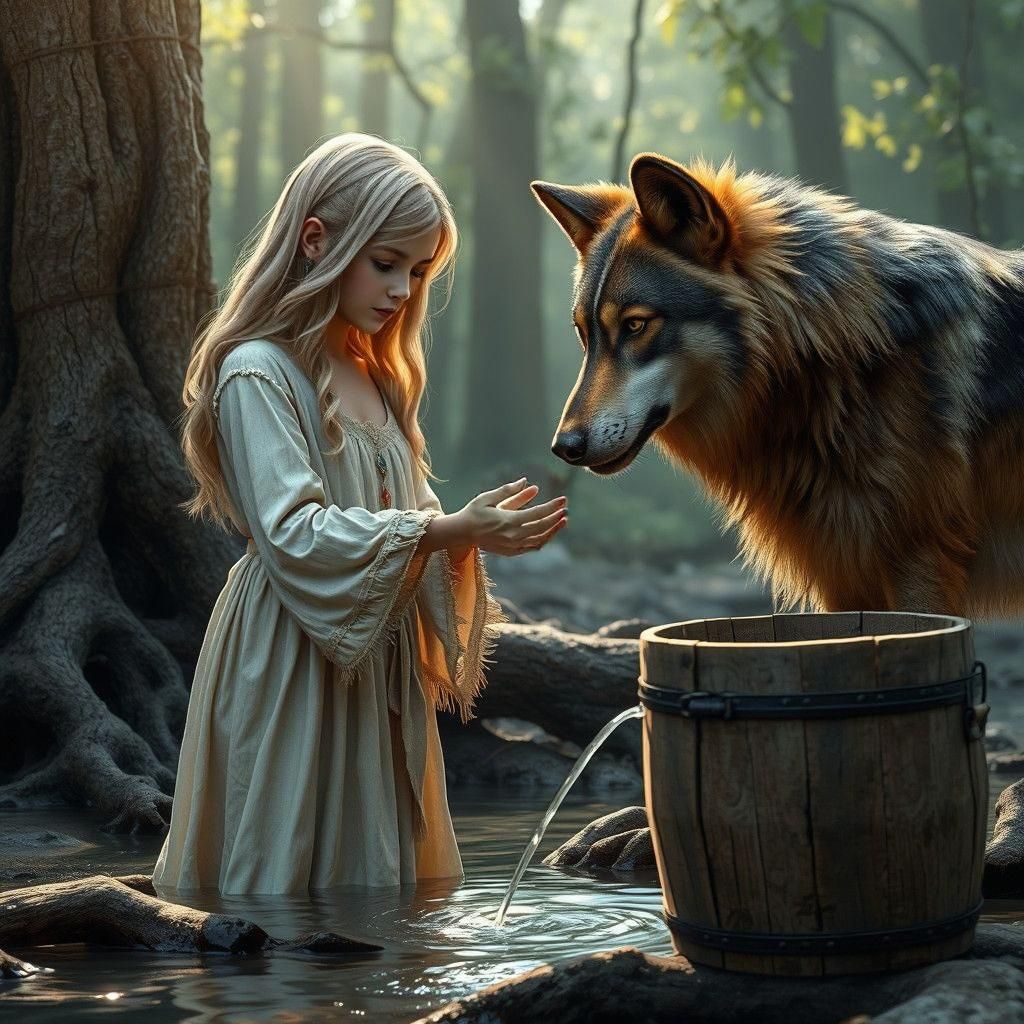 Girl and Wolf Meeting at Spring: Matte Painting