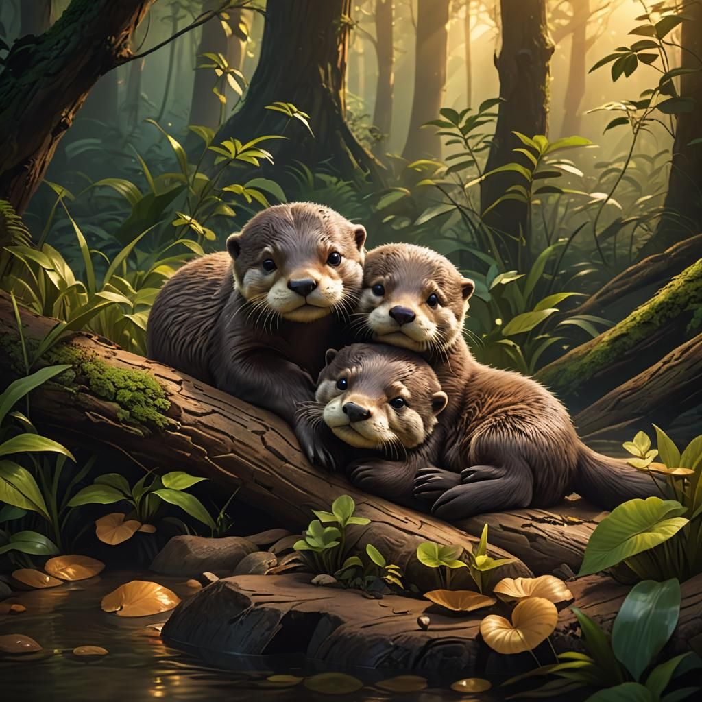 Sleeping Baby Otters Fantasy Illustration