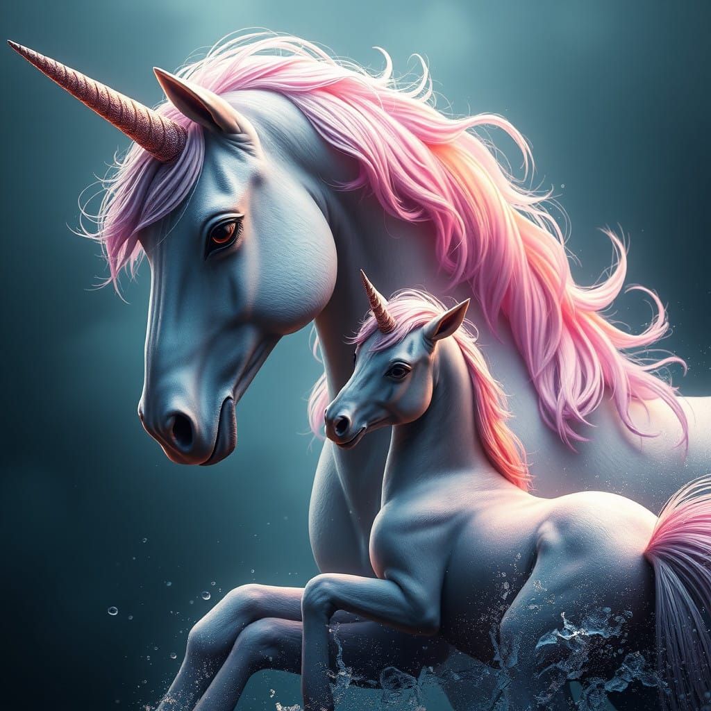 Fantastical Unicorn Mother and Foal in Rich Color