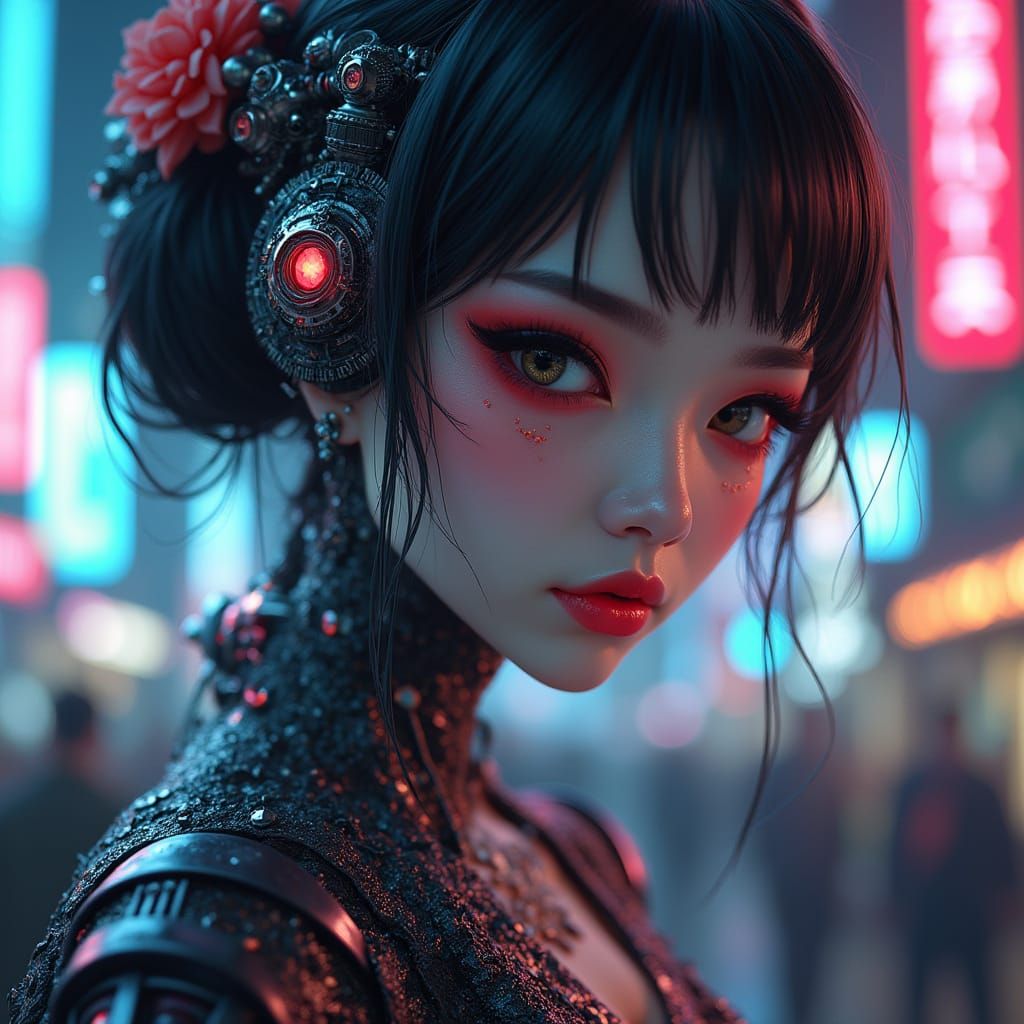 Cyborg Geisha Portrait with Neon Accents