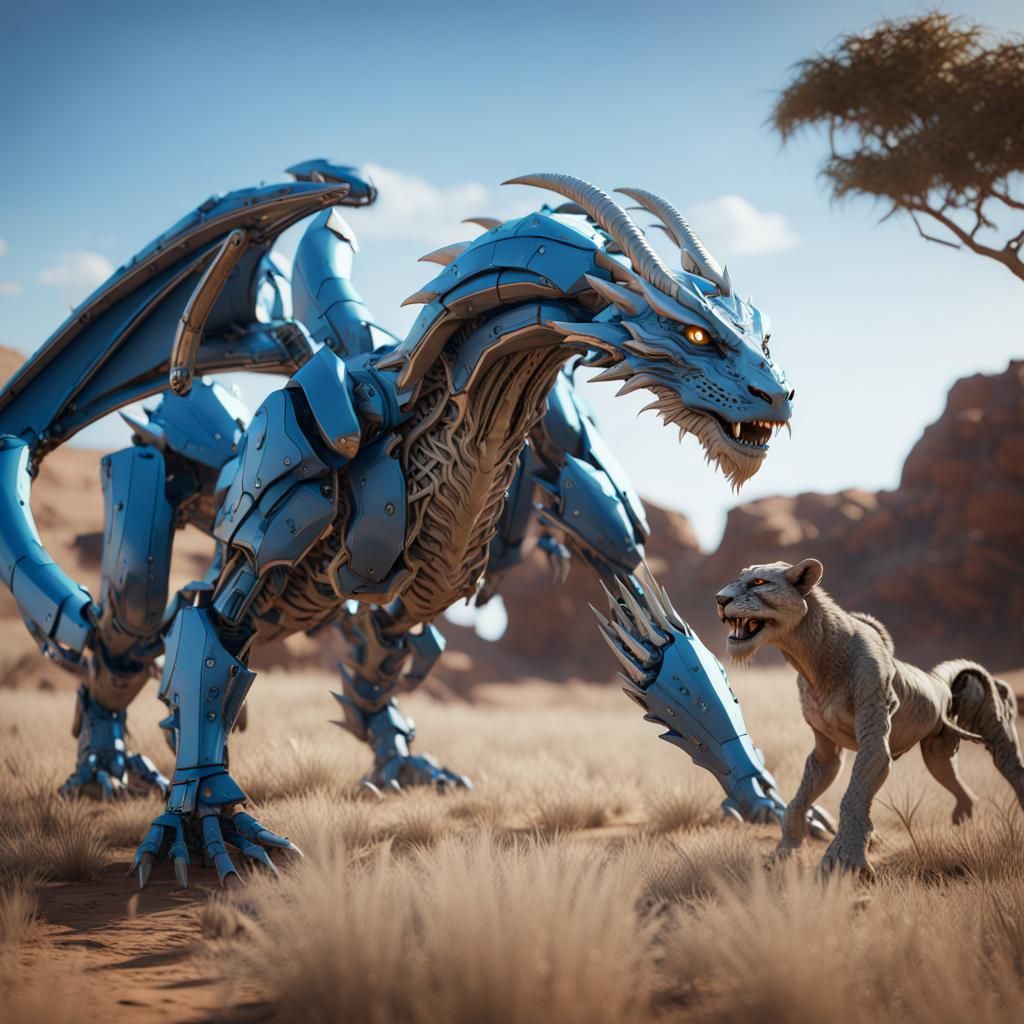 Blue Dragon and Lions Chat in Sci-Fi Savanna