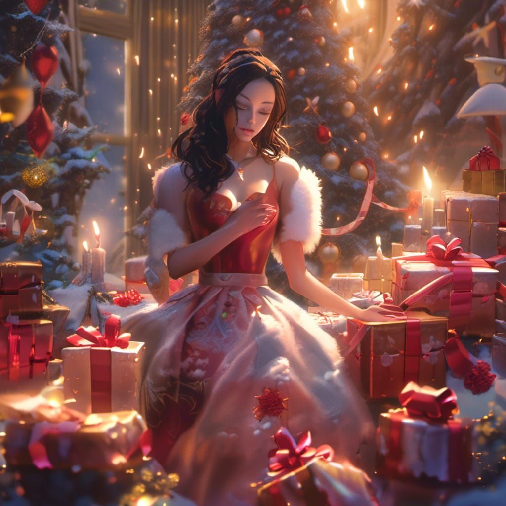 <lora:EthierUnreal V1:1.0> A beautiful brunette woman helper load Santa's sleigh, surrounded by Christmas packages, elfs...