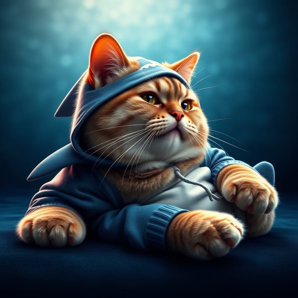 Surreal Feline in Vibrant Shark Onesie, Set Against Gradient...