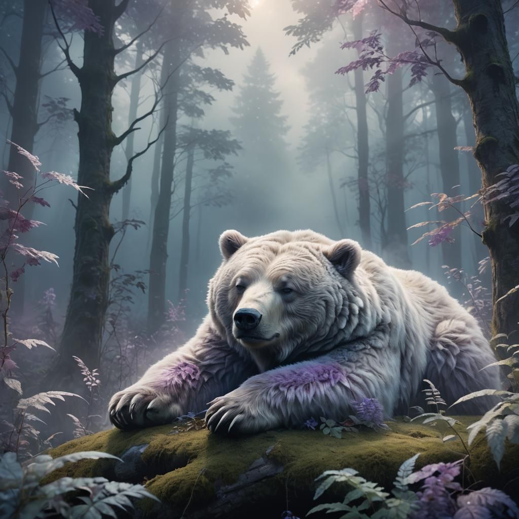 Cloud Bear Sleeping in Misty Forest