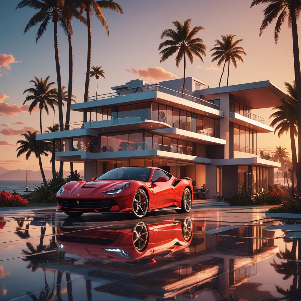 Futuristic House with Ferrari: Digital Art in Neon Style