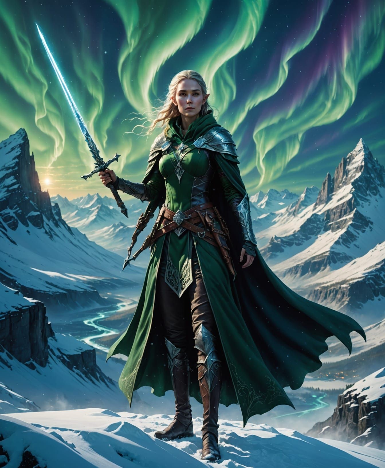 Elven swordswoman standing atop a snowy mountain, flowing cl...