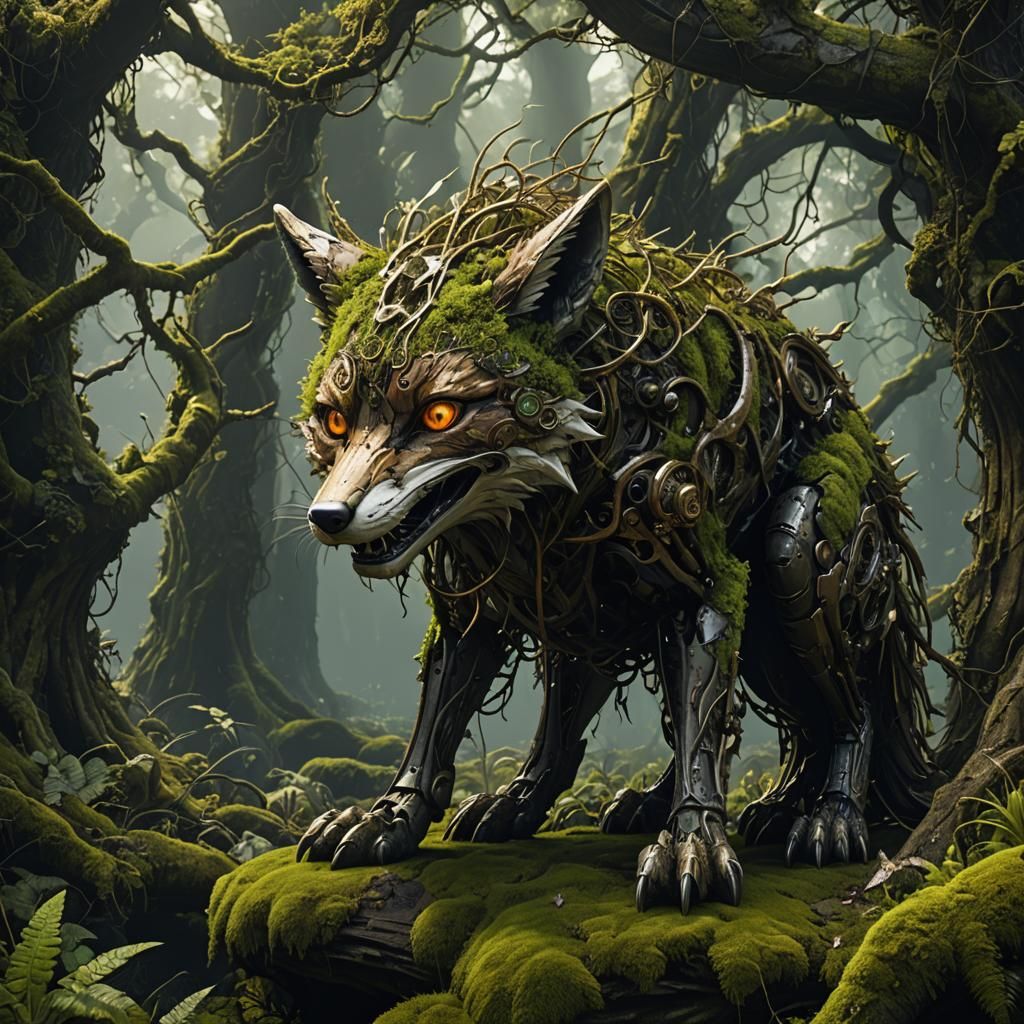 Decaying Mechanical Fox with Glowing Eye