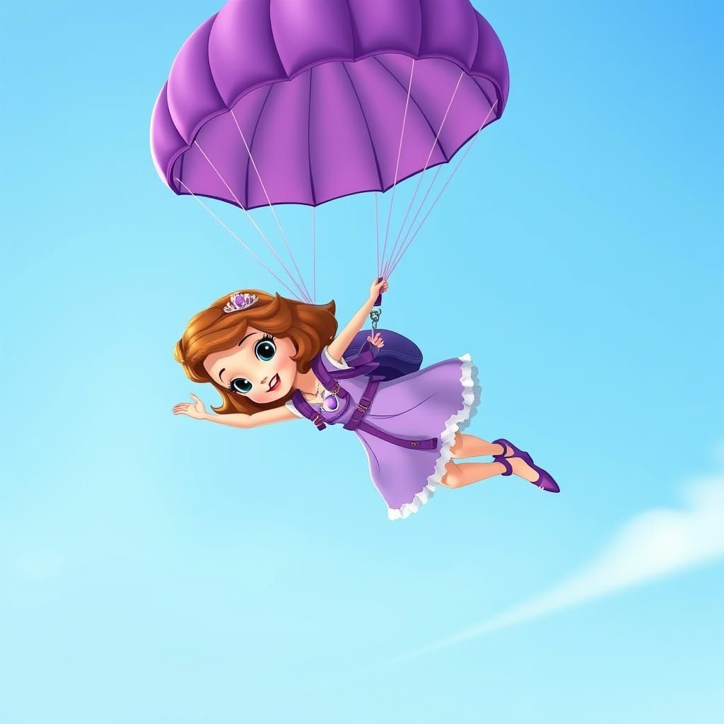 Princess Sofia Skydiving with Purple Parachute, Whimsical St...
