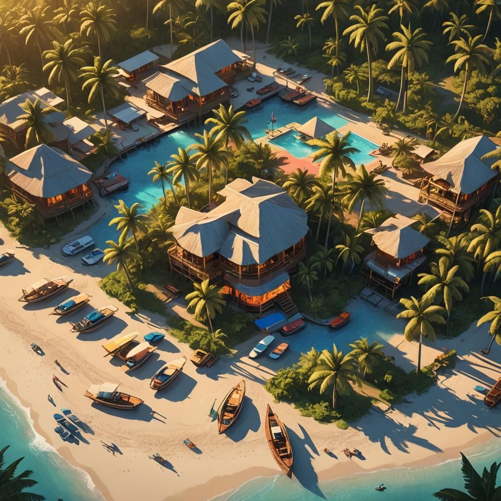 Tropical Island Resort at Sunset: Digital Matte Painting