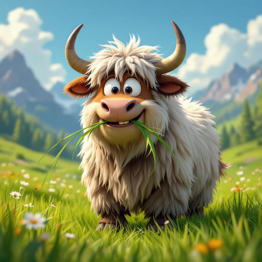 Yak in Meadow: 3D Looney Tunes Cartoon