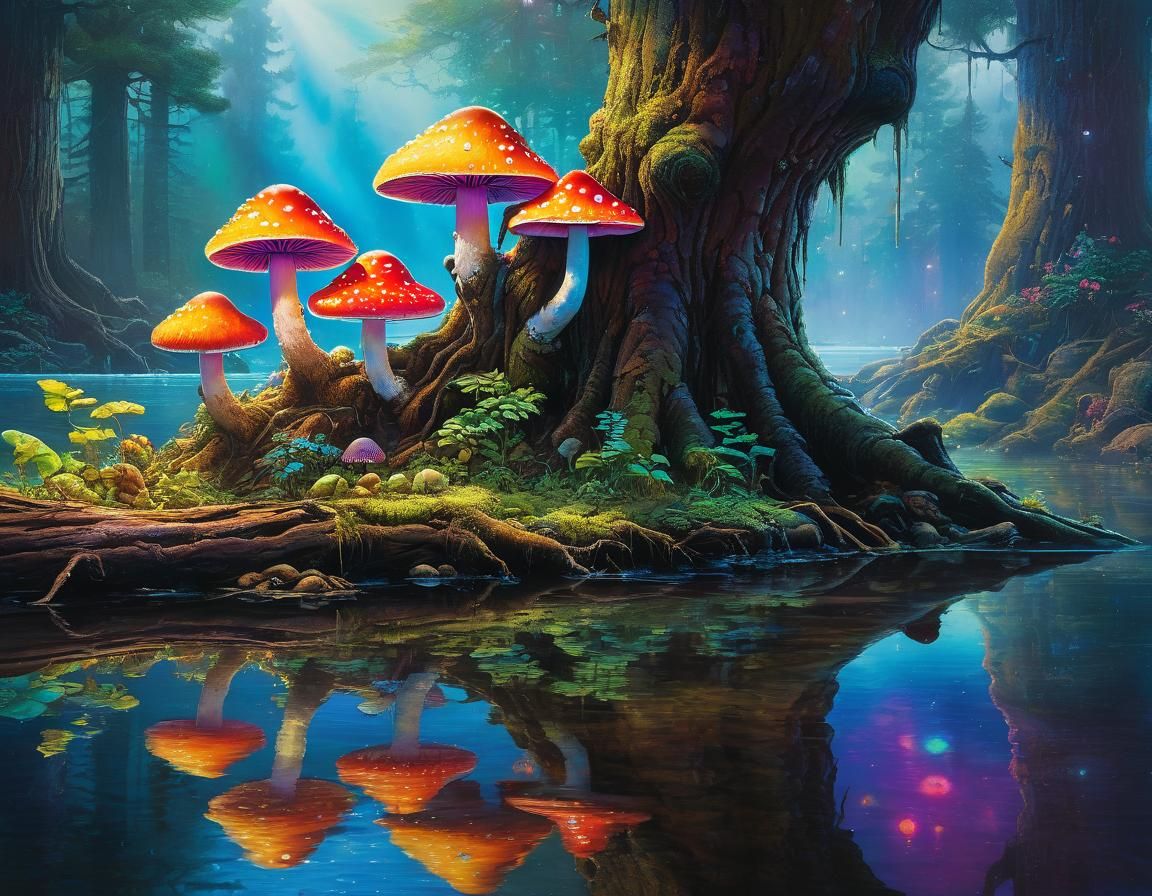 Rainbow Mushrooms in Pixelated Watercolor Fantasy Art