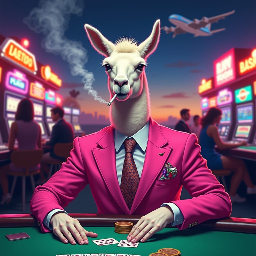 Llama Gambler in Casino, Oil Painting Style