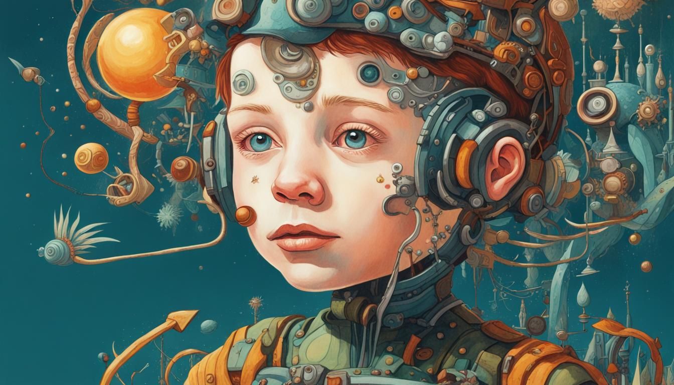Little Cyborg in Whimsical World of Wonders