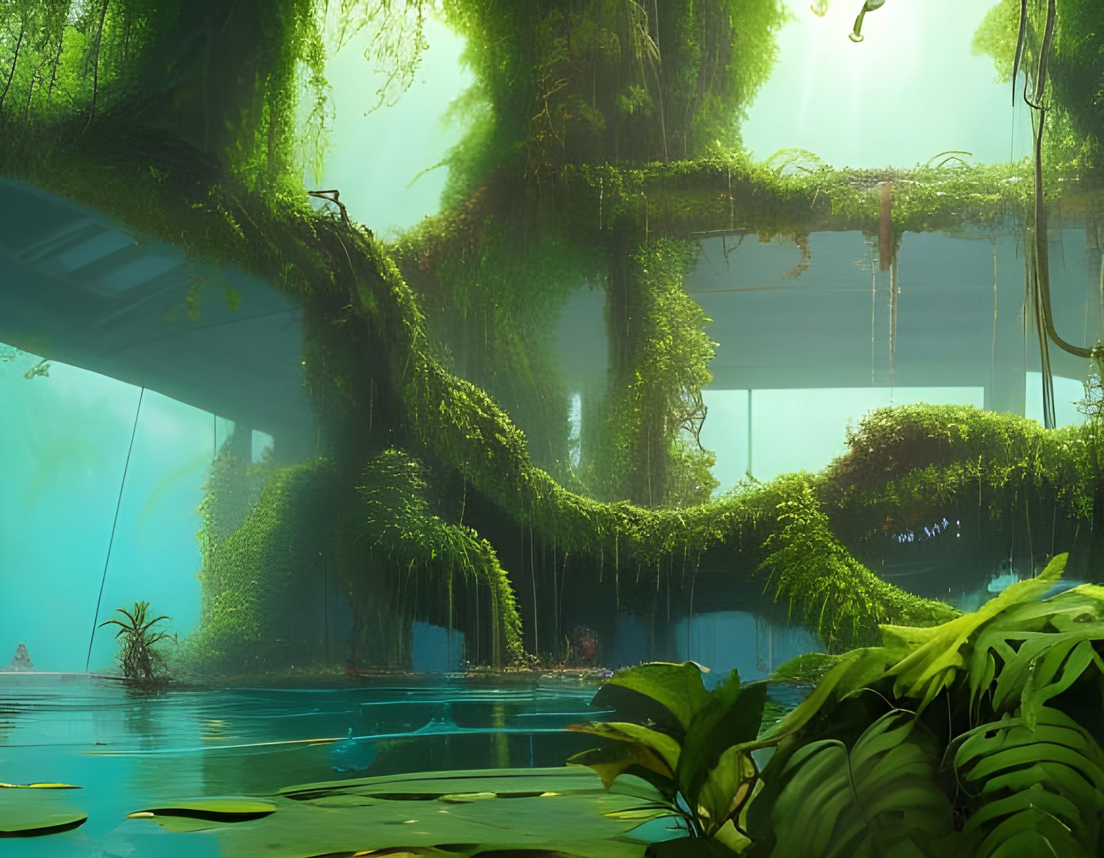 Overgrown Abandoned Pool in Tropical Forest, Concept Art