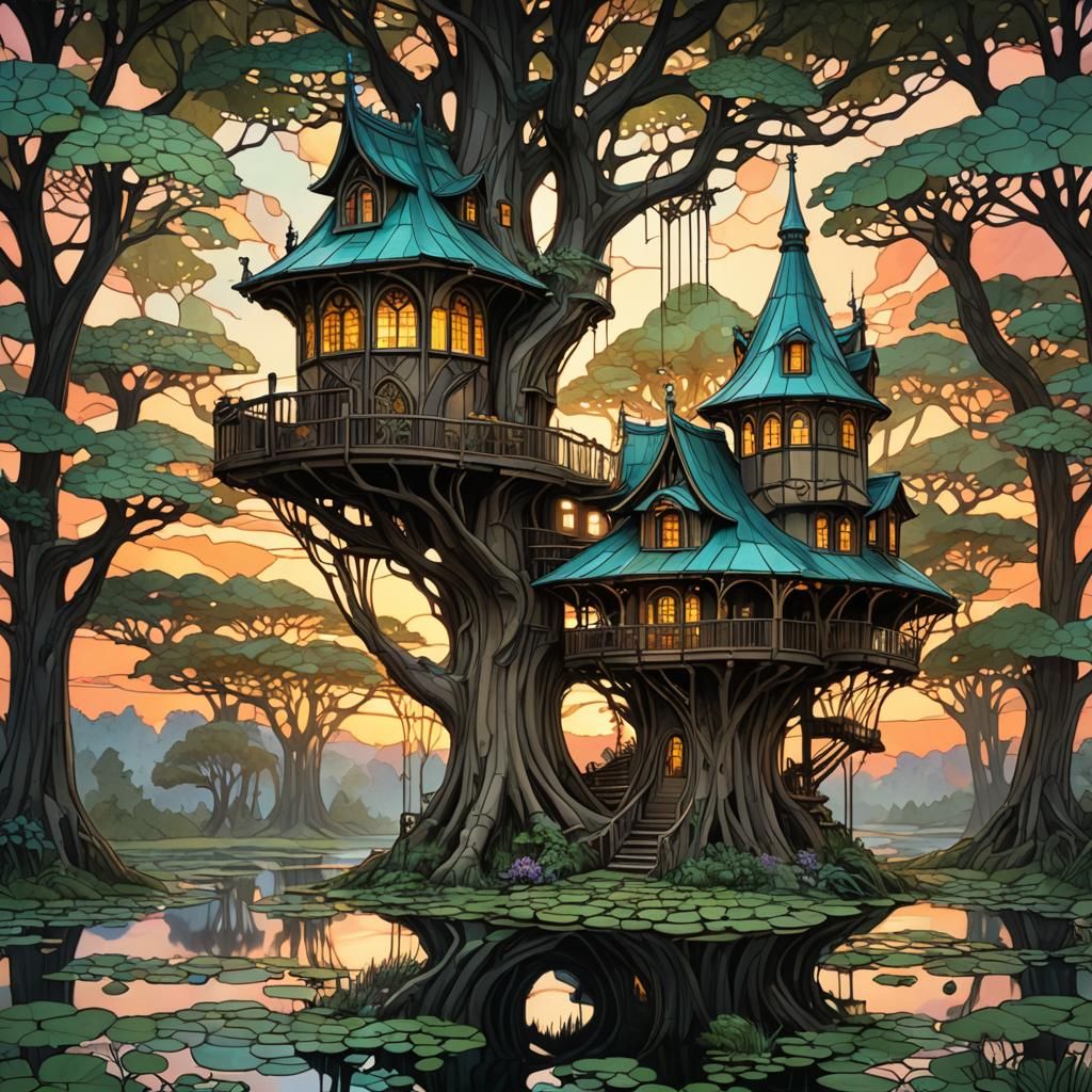 Art Nouveau Frog Treehouse with Lily Pads at Sunset
