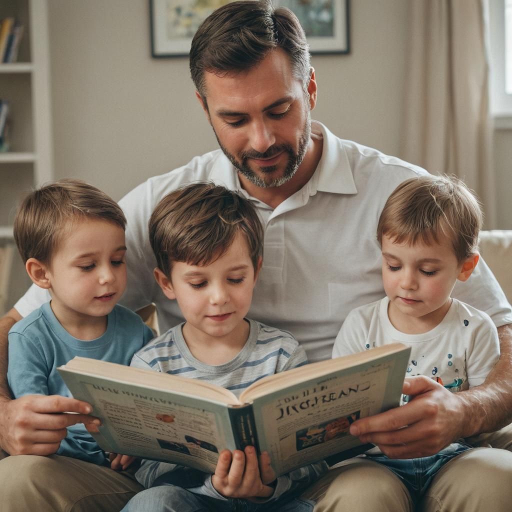 A loving dad teaching his children to read