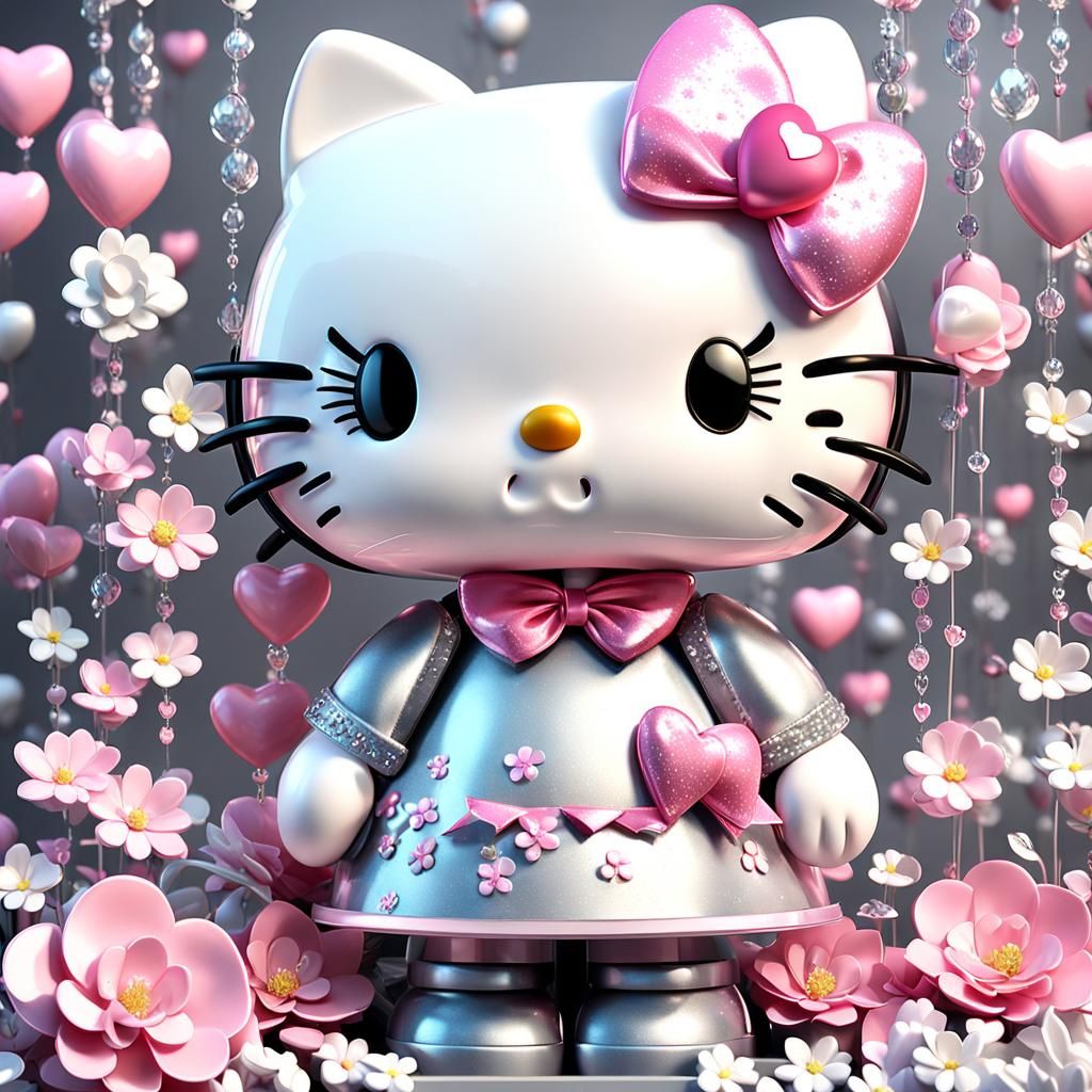 Hello Kitty Surrounded by Sparkling Hearts: 3D Render