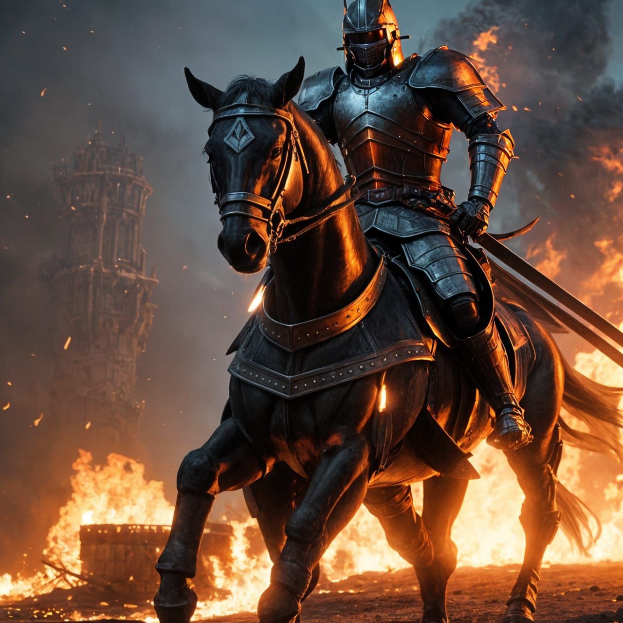 Armored Knight on Dark Horse Before Burning Castle