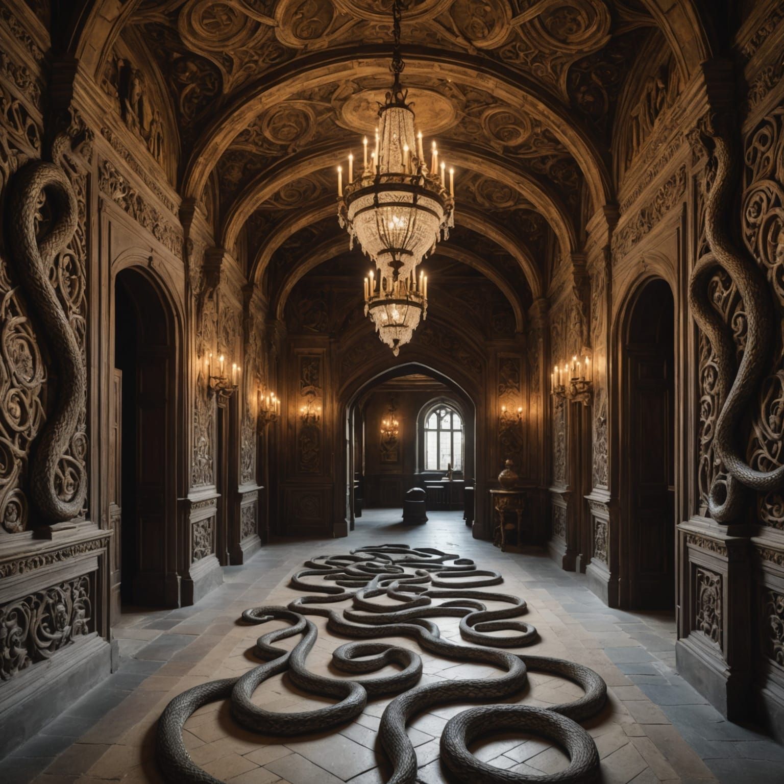 Snakes in Opulent Castle Hallway