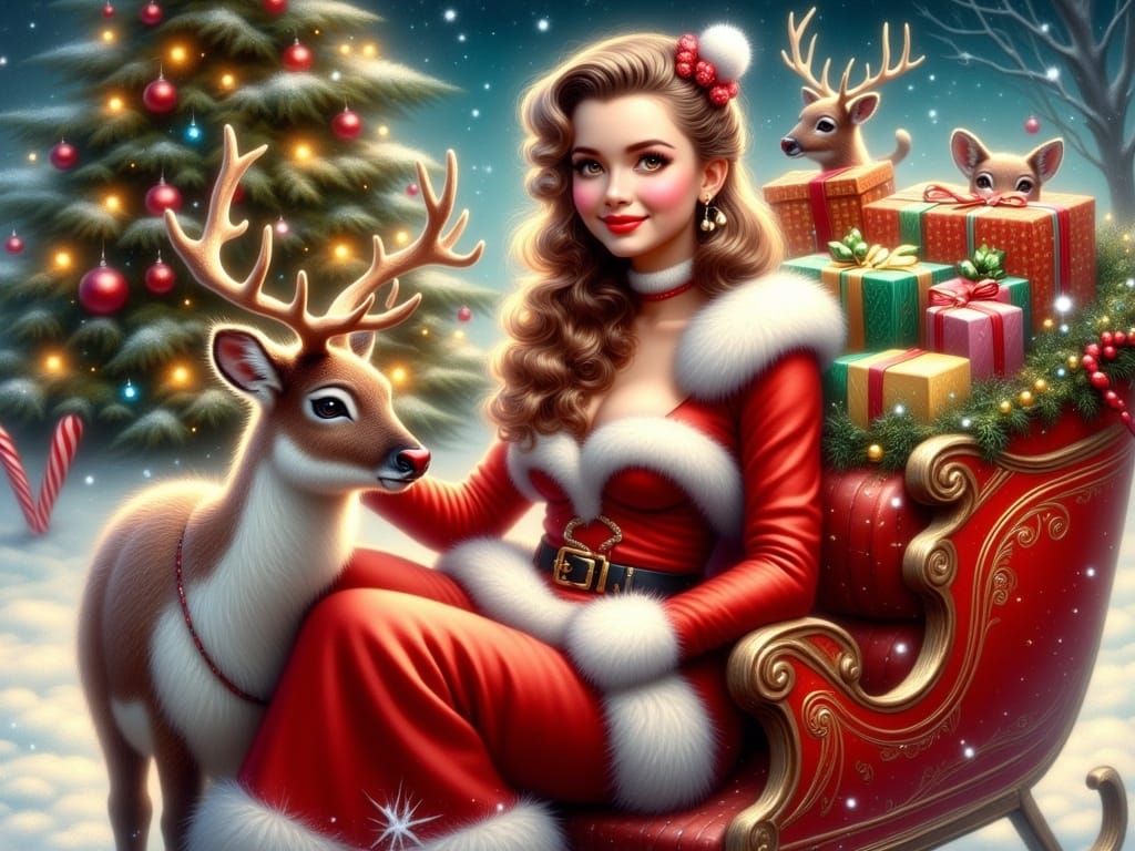 Retro Christmas Pin-up Girl with Sleigh and Reindeer