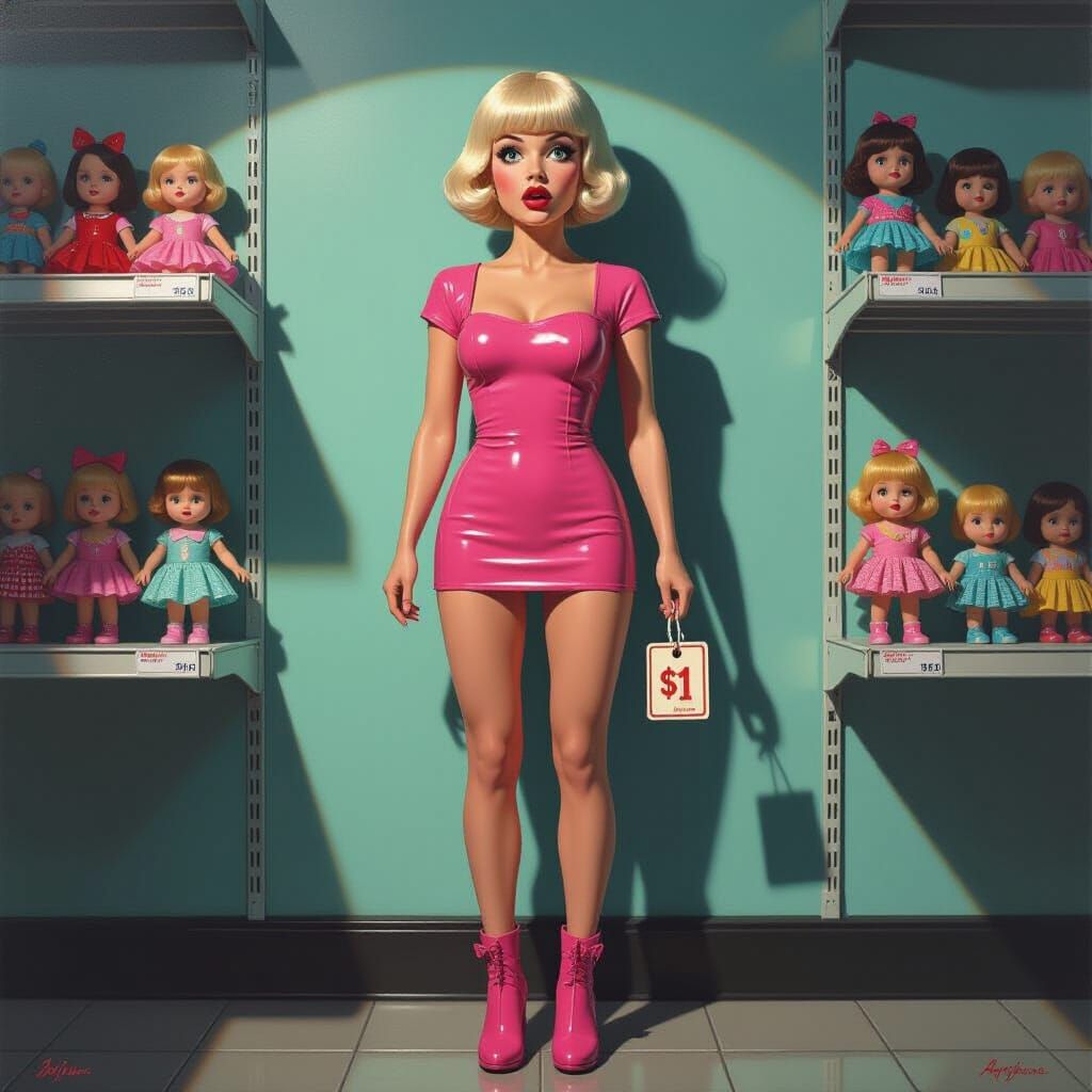 Woman Doll on Store Shelf in Pink Latex Dress