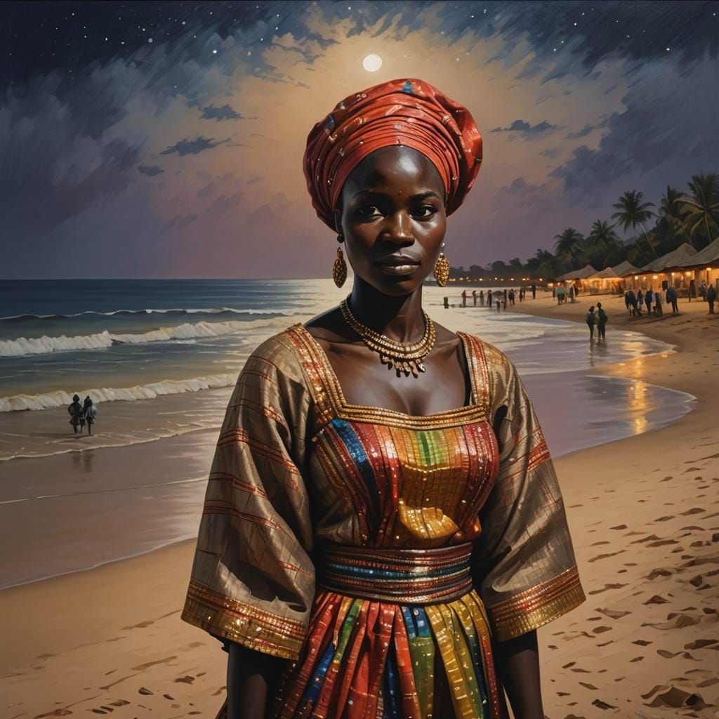 Burkinabe Storyteller Under Moonlight, Photo-Realistic Paint...