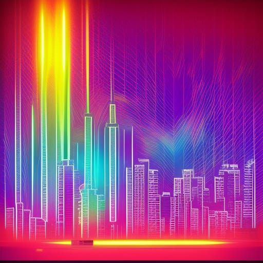 Rainbow Neon Cityscape in Synthwave Style