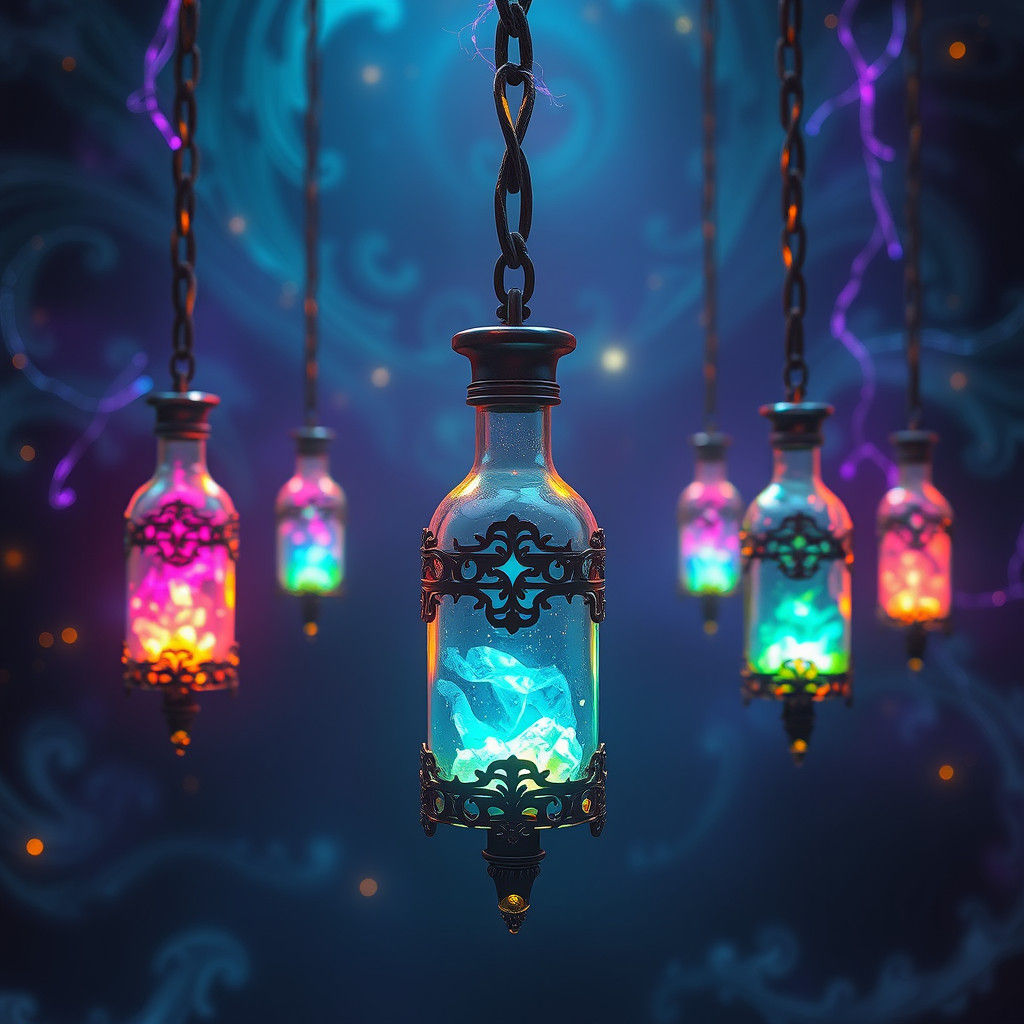 Glowing Potions in Ornate Vials, Fantasy Art