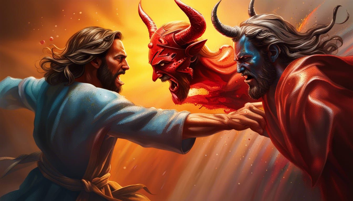 Jesus Fighting the Devil in Hyperrealistic Style