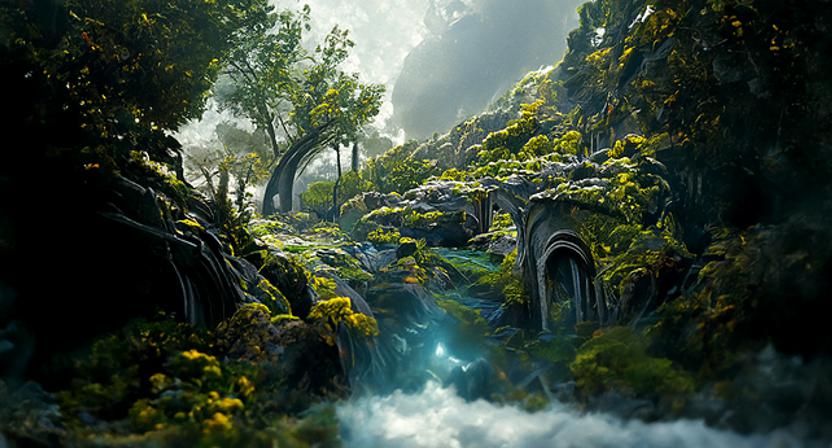 Ancient elven Temple in Ruins by Ferdinand Knab and Erik Johansson,Magic forest , cinematic, detailed, atmospheric, epic...