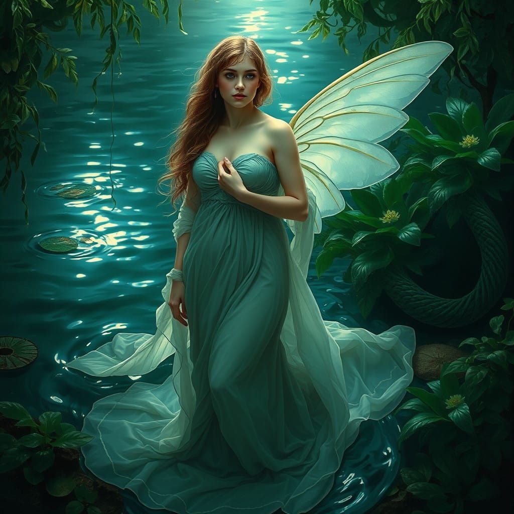 Pre-Raphaelite Water Nymph in Enchanted Moonlit Garden
