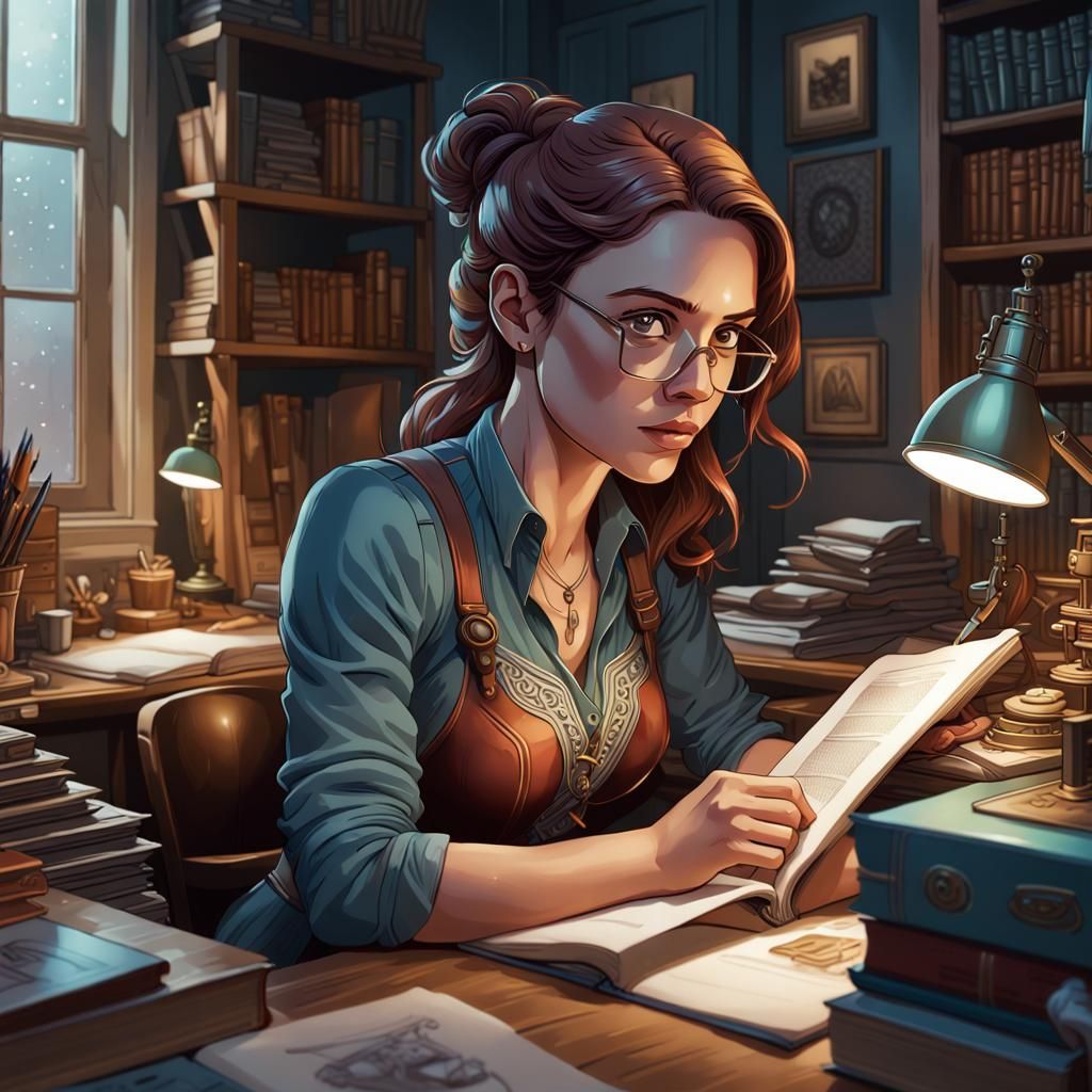 Bookbinder in Cozy Office: Comic Book Art