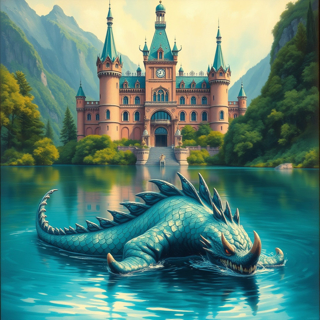 Majestic Rose Castle with Monster in Dreamlike Fantasy