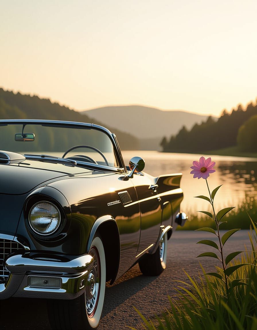 Vintage Car in Serene Landscape, Golden Hour