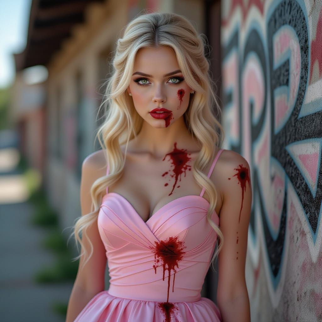 Zombie Woman in Pink Prom Dress in Grimy Urban Setting