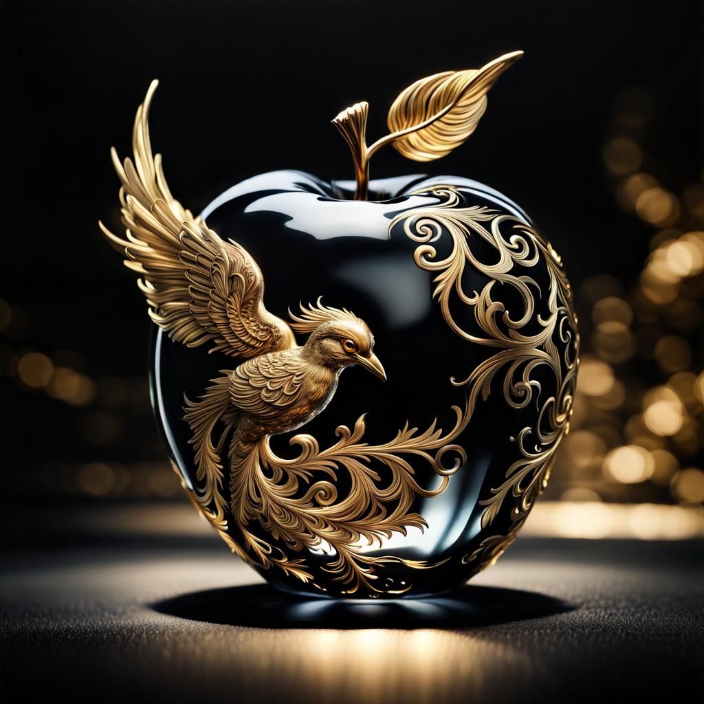Golden Phoenix in Crystal Apple: Hyperrealistic Image