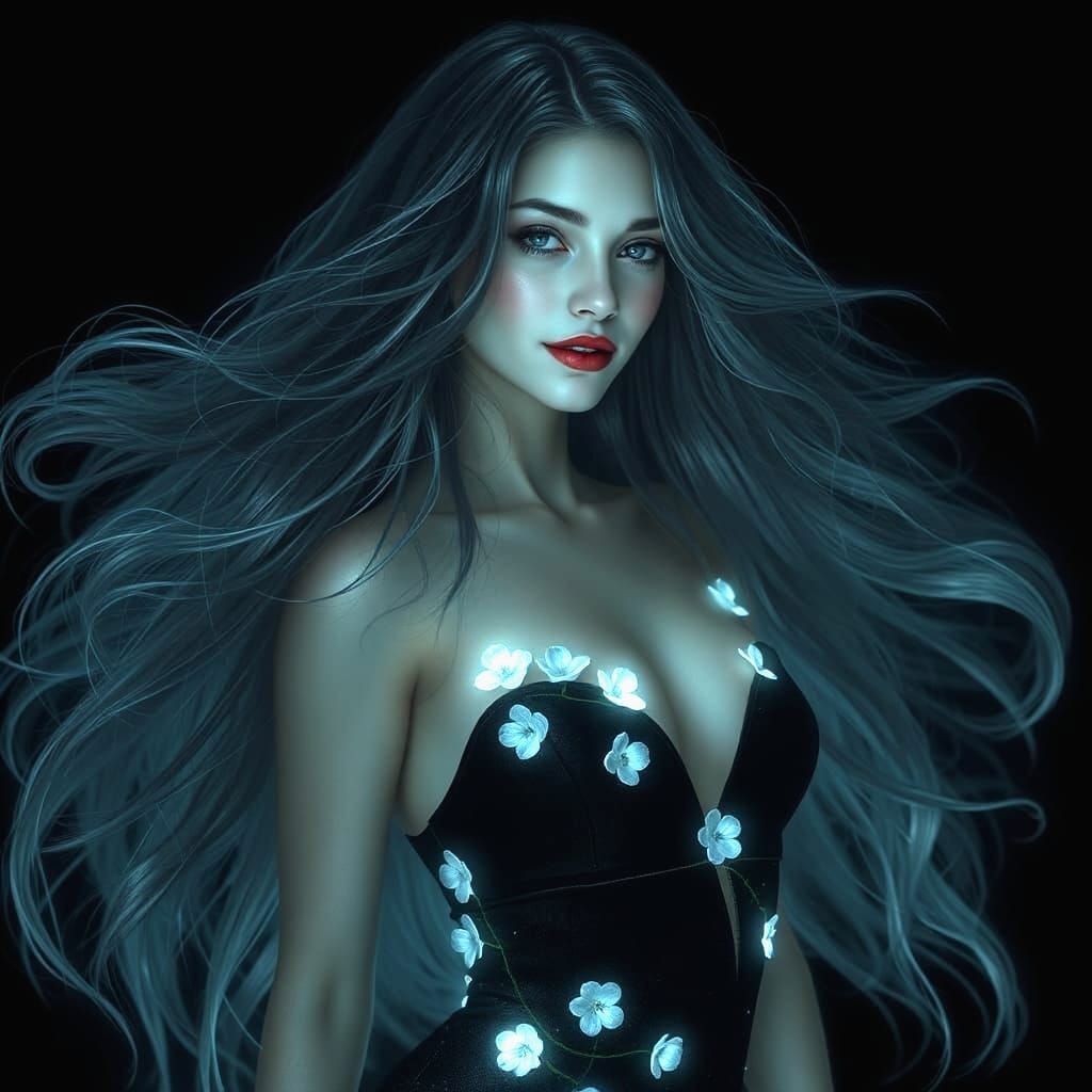 Alluring Woman with Flowers in Dark Fantasy Scene