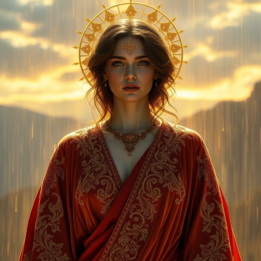 Golden Goddess Amidst Velvet Dawn