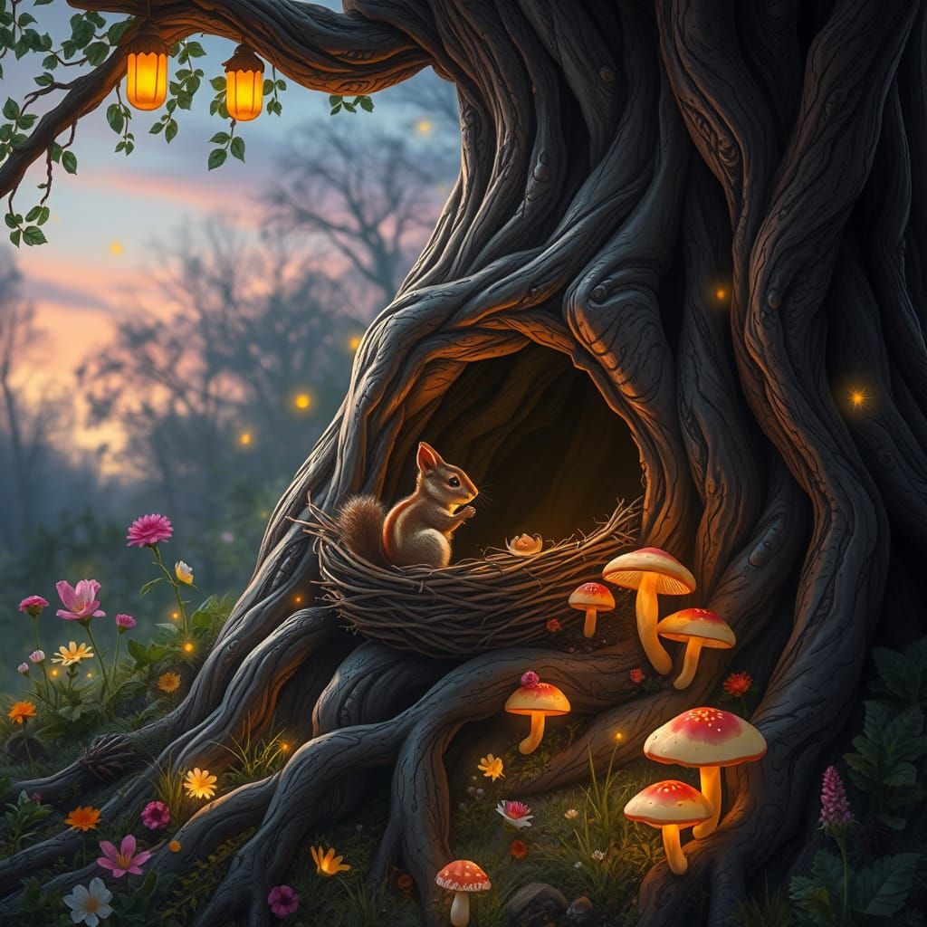 Whimsical Twilight Squirrel Sanctuary in Fantastical Forest